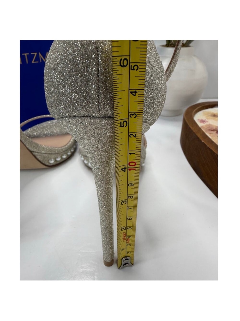 Stuart Weitzman Silver Glitter Pearl-Trim High Heel Sandals 8 B - Picture 5 of 9